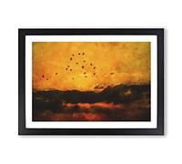 Birds and Orange Sunset Painting Framed Print | A2 Black Framed Wall Art | Ready to Hang | Modern Landscape Picture | Living Room Bedroom Lounge Office