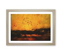 Birds and Orange Sunset Painting Framed Print | A2 Oak Framed Wall Art | Ready to Hang | Modern Landscape Picture | Living Room Bedroom Lounge Office