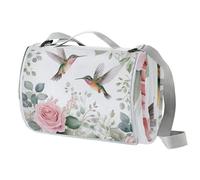 Birds and Roses Picnic Blanket, Extra Large Picnic Mat with Carrying Handle Foldable and Portable 150CM X 145CM,Picnic Camping Blanket for Camping, Park, Garden, Beach, Outdoor