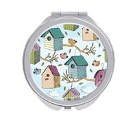 Birds and Starling Houses Tree Branches Blue Sky Folding Make Up Mirror, Compact 2X/1X Magnification Mirror, Women Portable Travel Makeup Mirror 2.4 x 2.4 inch