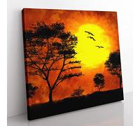 Birds And Trees At Sunset Painting Modern Canvas Wall Art Print Ready to Hang, Framed Picture for Living Room Bedroom Home Office Décor, 50x50 cm (20x20 Inch)