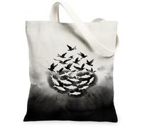 Birds Canvas Tote Bag for Women, Minimalistic Artistic Fish Ripples N/a Black Washable Reusable Shopping Bag Ideas for Family Friends Colleagues Reading Loves 13x15 Inch