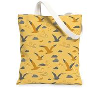 Birds Canvas Tote Bag for Women, Summer Playful Clouds Waves Summer Yellow Washable Reusable Everyday Tote Bag Ideas for Family Friends Colleagues Reading Loves 13x15 Inch