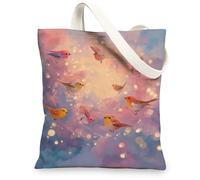 Birds Canvas Tote Bags, Colorful Feather Print Reusable Bags, Artistic Fun Lightweight Washable Shoulder Strap Canvas Bags for Gym Outdoor Travel Picnic 13x15 Inch