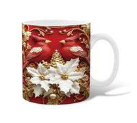 Birds Ceramic Coffee Mug, Christmas Festive Poinsettia Gold Accents Xmas Red Novelty Office Drinking Cup with Handle Gift for Friends Family Coworkers Teachers Couples Employees 15 Oz