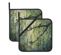 Birds Chirping On The Willow Tree Printing Square Heat-Proof Pot Holders (Set of Two) 8x8 in : Quality Fabrics, Anti-Scalding and Easy to Clean