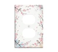 Birds Duplex Outlet Covers Wall Plate, Floral Nature Cherries Blossoms Branches Spring Peach Plastic Standard Size Wall Plates for Electrical Outlets for Home Living Room New Apartment Decor