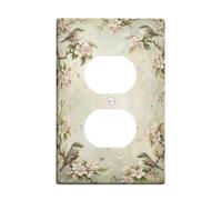 Birds Duplex Outlet Covers Wall Plate, Floral Vintage Flowers Branches Spring Green Plastic Standard Size Wall Plates for Electrical Outlets for Home Living Room New Apartment Decor