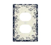 Birds Duplex Outlet Covers Wall Plate, Vintage Nature Flowers Branches Spring Navy Plastic Standard Size Wall Plates for Electrical Outlets for Living Room Bedroom Home Office Decor
