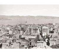Bird's eye view of San Francisco and the Bay from the Fairmont Hotel showing the ferry building and on the opposite shore the cities of Oakland Berkeley and Alameda Mt. Diablo is seen in the distance