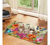 Birds Flowers Butterfly Dog Food Mat, Absorbent Pet Feeding Mat for Food and Water Bowls Non-Slip Placement Pad for Floors Waterproof Quick Dry Water Dispenser Mat for Dogs Puppy Cats 16x24 Inch
