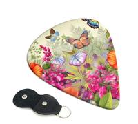Birds Flowers Butterfly Guitar Picks 6 Pack with Leather Guitar Pick Holder Keychain, Plectrum Key Fob Cases Bag, Abstract Art Plectrum for Acoustic Electric Guitar, Ukulele 0.46mm