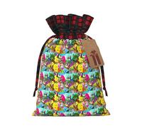 Birds Flowers Butterfly Printing Color Matching Plaid Drawstring Christmas Bag With Kraft Tag 4.7x6.9 In For Halloween