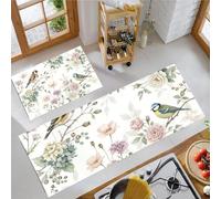 Birds Flowers Green Leaves Kitchen Rugs Runner Set of 2, Anti Fatigue Watercolor Nature Kitchen Floor Mat for Home Decoration, Washable Non Slip Pink Mats, for Hallway Laundry Room 50x80cm+50x150cm