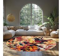 Birds & Flowers Kids Round Rug Washable Nursery Area Rugs Thin Non-slip Circle Carpet for Classroom Playroom Bedroom Kids Room Colorful Boho Botanical Pattern in Red Orange Teal Carpet 150cm