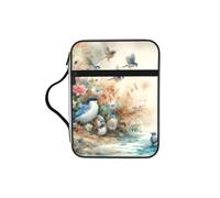 Birds-Flowers-Watercolor Bible Cover Case with Handle, Water-Resistant Oxford Fabric Bible Bag Organizer with Zipper Pockets for Church