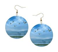 Birds Flying Away Over Sky Printed Leather Earring Set For Women, 1 Pair Lightweight Bohemian Pierced Earrings Jewelry Gift For Women Girls