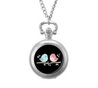 Birds in Love Vintage Pocket Watches Roman Numerals Quaretz Watch with Chain Christmas Birthday Gifts Silver-Style