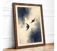 Birds in Morning Mist Japandi Framed Wall Art Print A1 Walnut