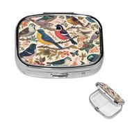 Birds in My Garden Pill Box 2 Compartment Square Portable Pill Case for Pocket or Purse Small Weekly Medicine Planner Travel Pillbox with Mirror Decorative Metal Vitamin Holder Gifts