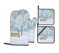 Birds in the park on a snowy day Patterned heat-resistant glove set, 4-piece set of heat-resistant gloves and mats suitable for cooking and grilling