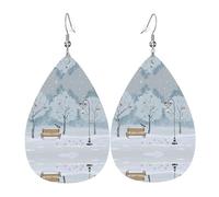 Birds in the park on a snowy day Patterned leather earrings, women's earrings, suitable for daily wear, party and date