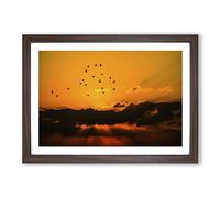 Birds in The Sky Orange Sunset Framed Print | A2 Walnut Framed Wall Art | Ready to Hang | Modern Landscape Picture | Living Room Bedroom Lounge Office