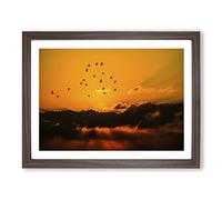 Birds in the Sky Orange Sunset Modern Framed Print | A2 Walnut Framed Wall Art | Ready to Hang | Modern Landscape Picture | Living Room Bedroom Lounge Office