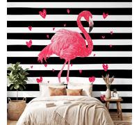 Birds Modern Black and White Stripes Wallpaper for Bedroom, Flamingos Hearts Wall Mural for Living Room, Non-Woven Wallpaper Decorative Wall Art 300 x 210 cm(W x H)