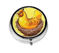 Bird's Nest Golden Chicken A Round Mini Pillbox with Three Compartments for Storing Vitamins, Fish Oil, and Nutritional Supplements.