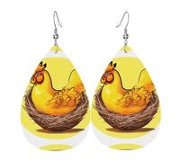 Bird's Nest Golden Chicken double-sided printed leather earrings int and shape of water drops, creative, light and novel, bright and vivid colors.