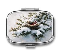 Bird's Nest in The Evergreen Tree Pill Box 2 Compartment Portable Medicine Pill Case Travel Pill Organizer for Pocket Purse
