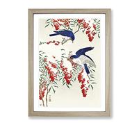 Birds On A Nandina Bush By Ohara Koson Asian Japanese Framed Print | A2 Oak Framed Wall Art | Ready to Hang | Asian Nature Picture | Living Room Bedroom Lounge Office