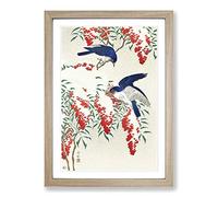 Birds on a Nandina Bush by Ohara Koson Framed Print | A2 Oak Framed Wall Art | Ready to Hang | Modern Nature Picture | Living Room Bedroom Lounge Office