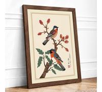 Birds on Blooming Branch Japandi Framed Wall Art Print A4 (29.7×21cm) Walnut, Wall Decor for Living Room, Bedroom, Office & Home, Ready to Hang, Art Gift