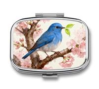 Birds on Cherry Blossom Tree Pill Box 2 Compartment Square Metal Pill Organizer Portable Mini Travel Medicine Case with Mirror Cute Medicine Container Holder for Pocket Purse