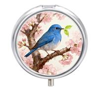 Birds on Cherry Blossom Tree Pill Box 3 Compartment Round Metal Pill Organizer Portable Mini Travel Medicine Case with Mirror Cute Medicine Container Holder for Pocket Purse