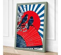 Birds on Red Fan Japandi Canvas Wall Art Print 30x20 Inch