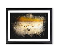 Birds On The Beach Paint Splash Modern Art Framed Print | A2 Black Framed Wall Art | Ready to Hang | Modern Beach Picture | Living Room Bedroom Lounge Office