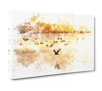 Birds On The Beach Watercolour Canvas Print | Gallery Wrapped 30mm Frame Wall Art | 24x16 inches | Ready to Hang | Coastal Seascape Picture | Living Room Bedroom Lounge Office