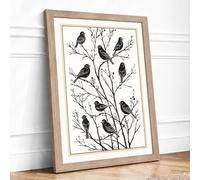 Birds on Winter Branches Japandi Framed Wall Art Print A4 (29.7×21cm) Oak, Wall Decor for Living Room, Bedroom, Office & Home, Ready to Hang, Art Gift
