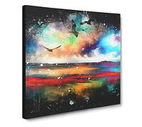 Birds Over A Colourful Ocean Paint Splash Canvas Print | Gallery Wrapped 30mm Frame Wall Art | 14x14 inches | Ready to Hang | Modern Seascape Picture | Living Room Bedroom Lounge Office