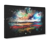 Birds Over A Colourful Ocean Paint Splash Canvas Print | Gallery Wrapped 30mm Frame Wall Art | 30x20 inches | Ready to Hang | Modern Seascape Picture | Living Room Bedroom Lounge Office
