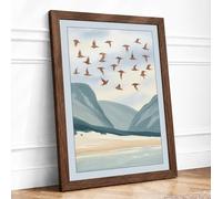 Birds Over Mountains Minimalist Framed Wall Art Print A3 Walnut