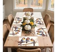 Birds Resting on Tree Branch Placemats - Washable Linen Table Mats Durable Heat Resistant Place Mats Farmhouse Rustic Cloth Placemats for Dining Table, Kitchen, Elegant Home Decor