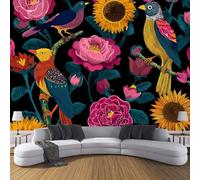 Birds Roses Sunflowers Photo Wallpaper, Large Vintage Flowers Design Decoration Murals, Dark Blue Mural Wall Art Print Poster for Modern Office Study Room Home Decor 400x280cm (WxH)