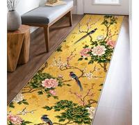 Birds Runner Rug, Oriental Floral Flowers Branches Spring Gold Low Pile Soft Rectangle Carpet Stain Resistant for Kitchen Entryway Bedside Laundry Decor 2x8 Ft