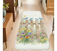 Birds Runner Rug, Spring Nature Fence Flowers Spring Blue Low Pile Sponge Indoor Rectangle Carpet Non Shedding for Kitchen Laundry Room Doorway Entryway Decor 2x5 Ft