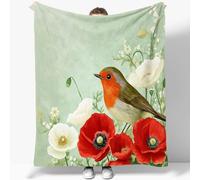 Birds Sherpa Throw Blanket Watercolor Robin Poppies 3D Printed Fleece Blankets, Light Green Fluffy Throw Blankets Lightweight Flannel Blankets 130 x 150 cm for Adults Kids Soft Warm Fleece Blanket