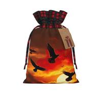 Birds Sunset print Color-blocked linen drawstring gift bag, gift bag, candy bag, storage bag